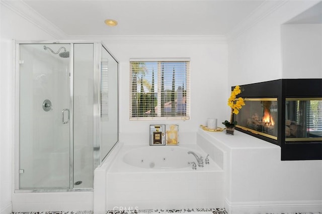 full bathroom featuring a whirlpool tub, ornamental molding, and a shower stall