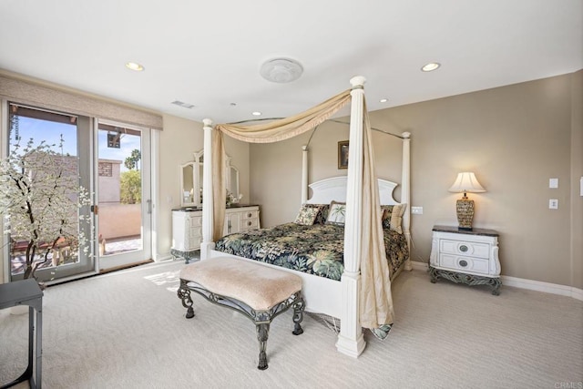 carpeted bedroom featuring visible vents, baseboards, recessed lighting, and access to exterior