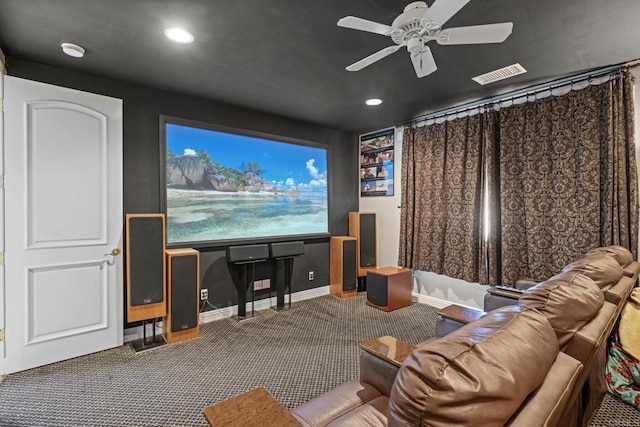 home theater featuring ceiling fan, recessed lighting, visible vents, and carpet