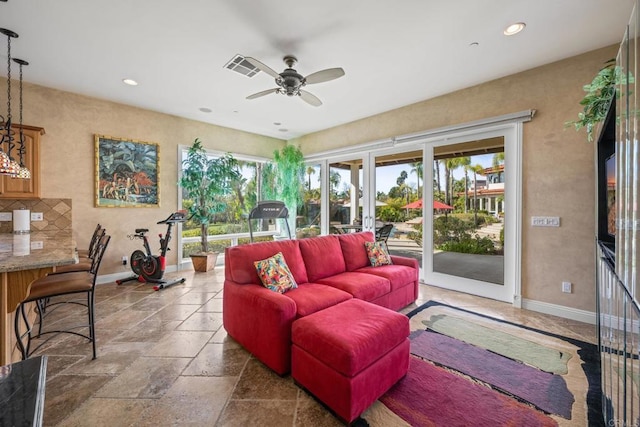 1072 Wiegand, Encinitas, CA 92024 - living area featuring ceiling fan, stone tile flooring, and recessed lighting