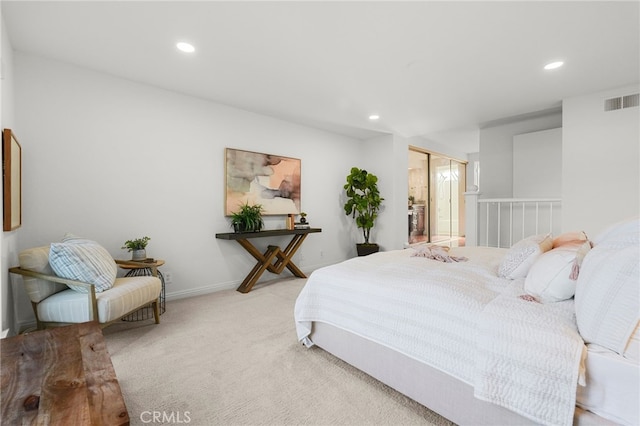bedroom featuring visible vents, baseboards, a closet, recessed lighting, and carpet