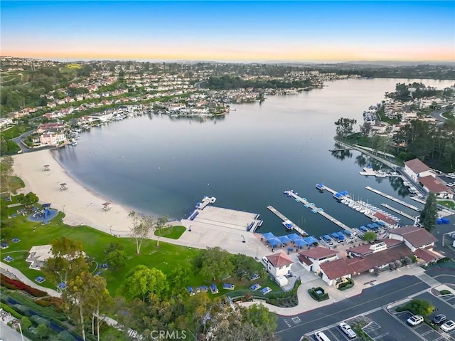 drone / aerial view featuring a water view