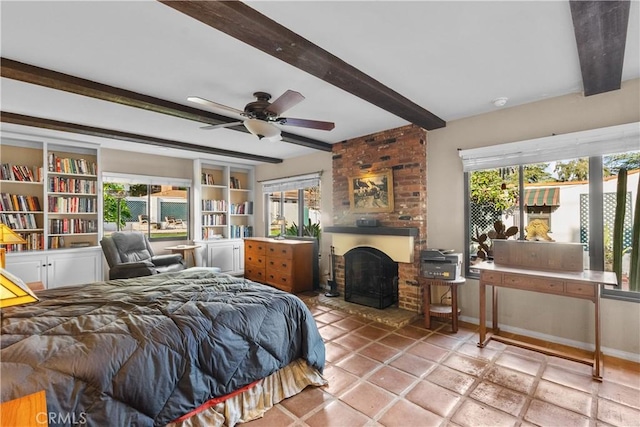 919 W Kenneth Rd, Glendale, CA 91202 - bedroom featuring a fireplace, beam ceiling, and multiple windows