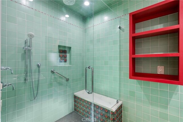 919 W Kenneth Rd, Glendale, CA 91202 - bathroom with tile walls, recessed lighting, and a stall shower