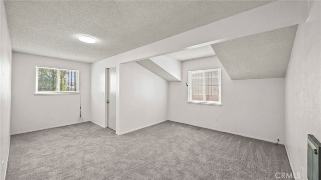 additional living space featuring a textured ceiling, carpet flooring, and baseboards