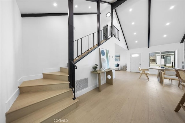10321 Mcbroom St, Sunland, CA 91040 - staircase with baseboards, visible vents, beamed ceiling, wood finished floors, and high vaulted ceiling