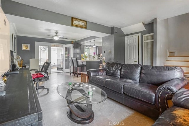 17274 Nisson Rd Unit A, Tustin, CA 92780 - living area with crown molding, ceiling fan, and stairs