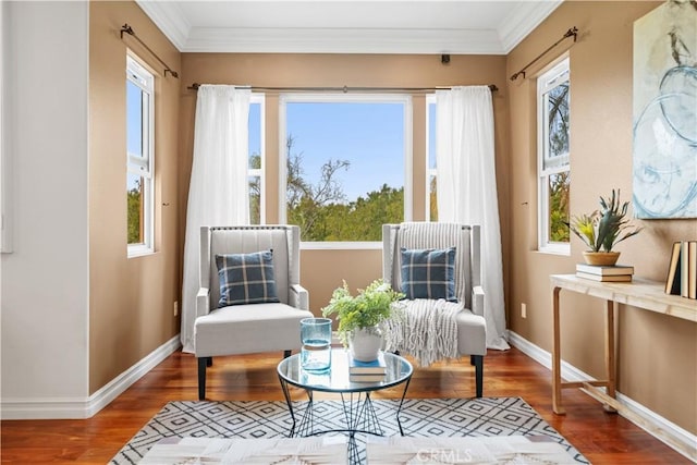 sitting room featuring wood finished floors, baseboards, and ornamental molding