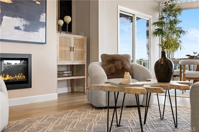 sitting room featuring baseboards, wood finished floors, and a multi sided fireplace