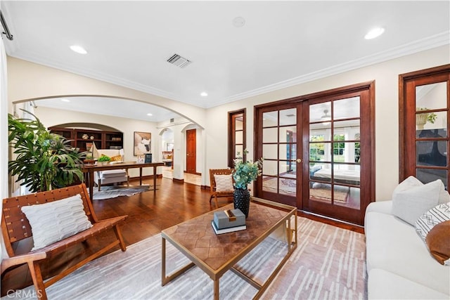 2177 W Silver Tree Rd, Claremont, CA 91711 - living room with arched walkways, french doors, wood finished floors, crown molding, and recessed lighting