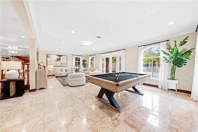 2177 W Silver Tree Rd, Claremont, CA 91711 - game room with pool table, ornamental molding, baseboards, marble finish flooring, and recessed lighting
