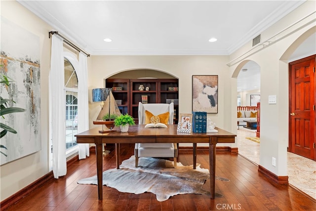 2177 W Silver Tree Rd, Claremont, CA 91711 - office with dark wood finished floors, ornamental molding, baseboards, recessed lighting, and arched walkways