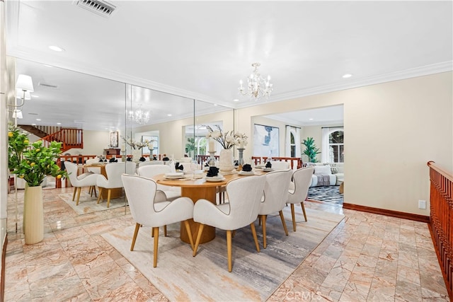 2177 W Silver Tree Rd, Claremont, CA 91711 - dining area with a chandelier, recessed lighting, crown molding, baseboards, and marble finish floors