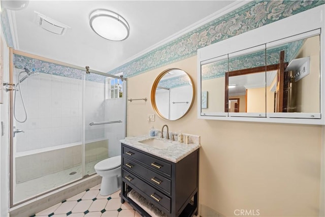 2177 W Silver Tree Rd, Claremont, CA 91711 - full bath with a stall shower, toilet, vanity, ornamental molding, and wallpapered walls