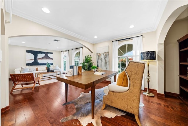 2177 W Silver Tree Rd, Claremont, CA 91711 - dining room with arched walkways, hardwood / wood-style floors, baseboards, crown molding, and recessed lighting