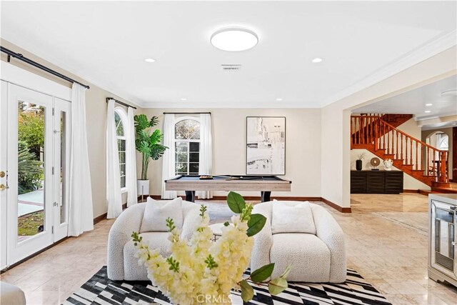 2177 W Silver Tree Rd, Claremont, CA 91711 - living room featuring billiards table, stairs, ornamental molding, recessed lighting, and baseboards