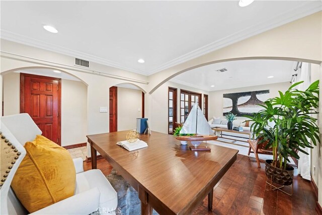 2177 W Silver Tree Rd, Claremont, CA 91711 - dining space with arched walkways, recessed lighting, wood-type flooring, and ornamental molding