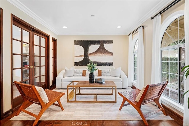 2177 W Silver Tree Rd, Claremont, CA 91711 - sitting room featuring crown molding, french doors, wood finished floors, recessed lighting, and baseboards