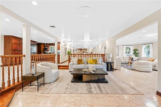 2177 W Silver Tree Rd, Claremont, CA 91711 - living area with marble finish flooring, recessed lighting, a chandelier, and ornamental molding