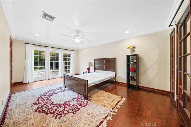 2177 W Silver Tree Rd, Claremont, CA 91711 - bedroom featuring access to exterior, crown molding, wood-type flooring, baseboards, and recessed lighting