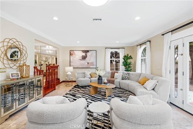2177 W Silver Tree Rd, Claremont, CA 91711 - living room with crown molding, recessed lighting, french doors, a chandelier, and light marble finish flooring