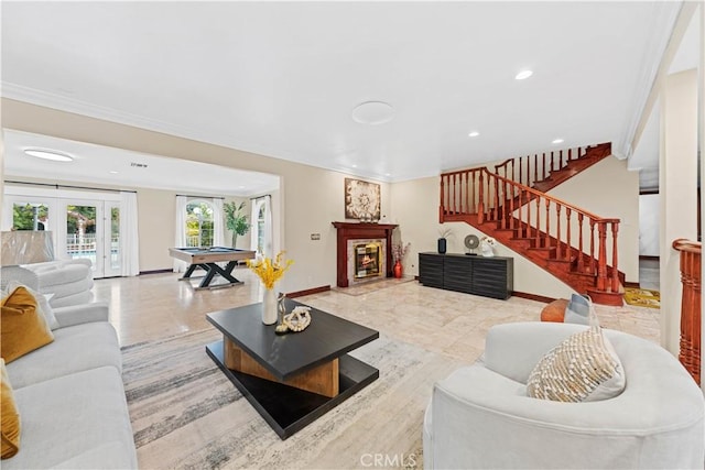 2177 W Silver Tree Rd, Claremont, CA 91711 - living area with stairs, recessed lighting, crown molding, baseboards, and french doors