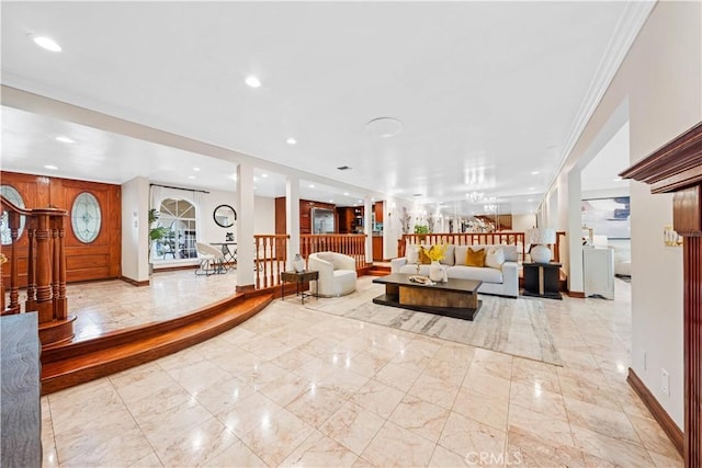 2177 W Silver Tree Rd, Claremont, CA 91711 - living room featuring baseboards, recessed lighting, marble finish flooring, and ornamental molding