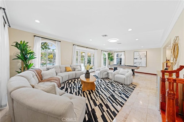 2177 W Silver Tree Rd, Claremont, CA 91711 - living area with recessed lighting, marble finish flooring, billiards table, crown molding, and baseboards