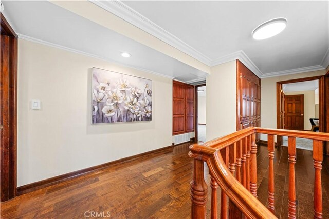 2177 W Silver Tree Rd, Claremont, CA 91711 - hallway featuring dark wood-style floors, baseboards, crown molding, and recessed lighting
