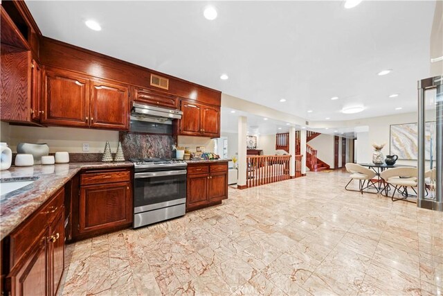 2177 W Silver Tree Rd, Claremont, CA 91711 - kitchen featuring electric range, under cabinet range hood, stone countertops, and recessed lighting