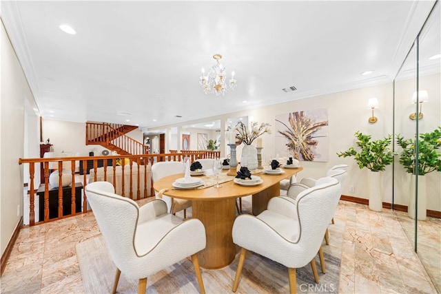 2177 W Silver Tree Rd, Claremont, CA 91711 - dining space with baseboards, ornamental molding, a chandelier, stairway, and recessed lighting