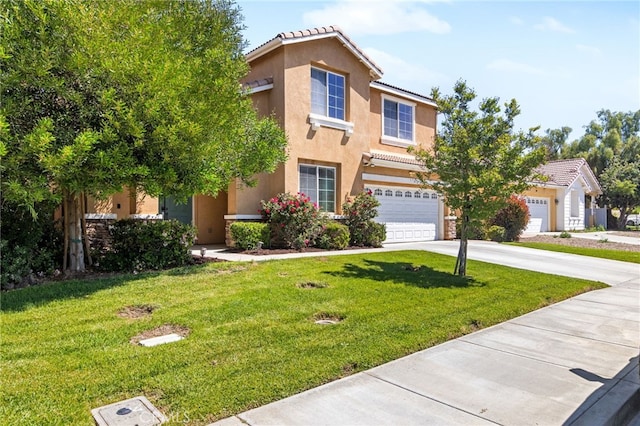 27674 Blue Topaz Dr, Menifee, CA 92585 - traditional home featuring a tile roof, concrete driveway, a garage, a front yard, and stucco siding