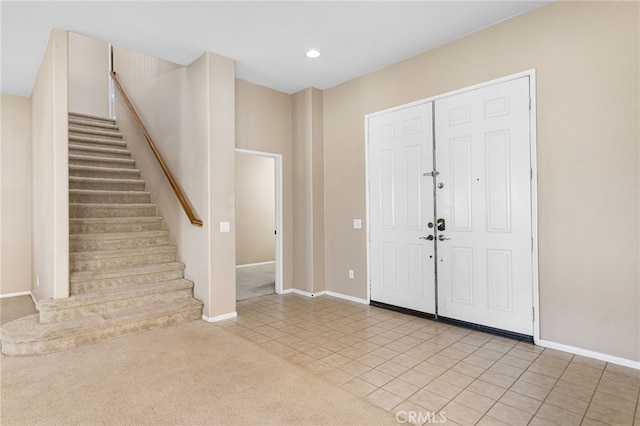 27674 Blue Topaz Dr, Menifee, CA 92585 - foyer with stairway, baseboards, light tile patterned flooring, and recessed lighting