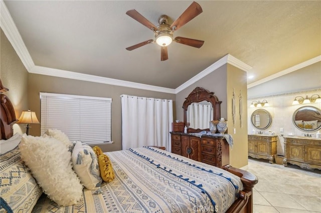 bedroom with vaulted ceiling, crown molding, and a ceiling fan