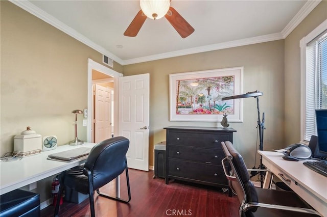 office area with dark wood-type flooring, ceiling fan, visible vents, and ornamental molding