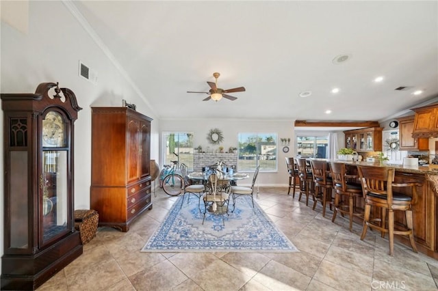 dining space with recessed lighting, visible vents, crown molding, and ceiling fan