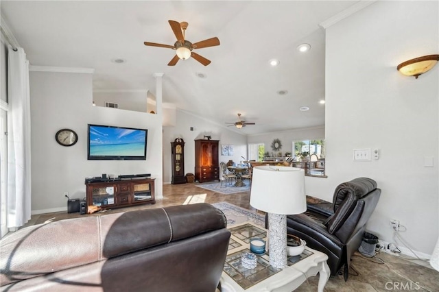 living room with lofted ceiling, baseboards, a ceiling fan, and visible vents