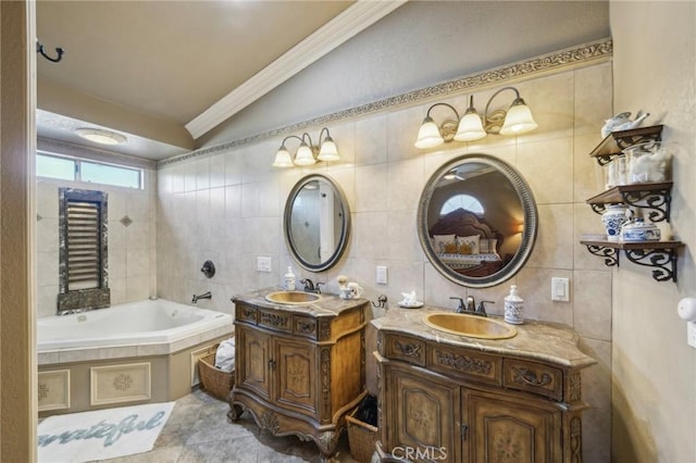 bathroom with tile walls, a bath, and a sink