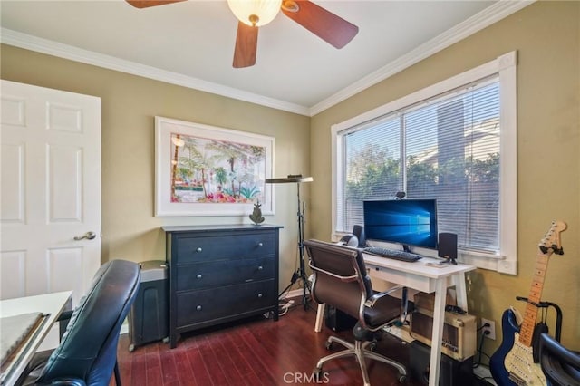 office area with dark wood finished floors, ceiling fan, and ornamental molding