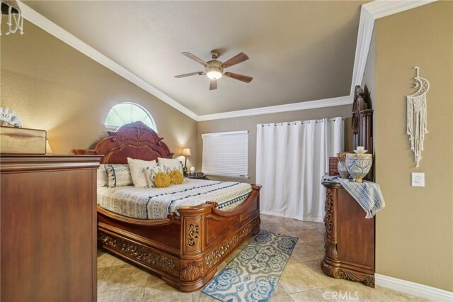 bedroom with ceiling fan, baseboards, crown molding, and light tile patterned flooring