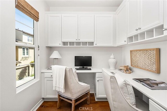office space featuring built in desk and dark wood-style flooring