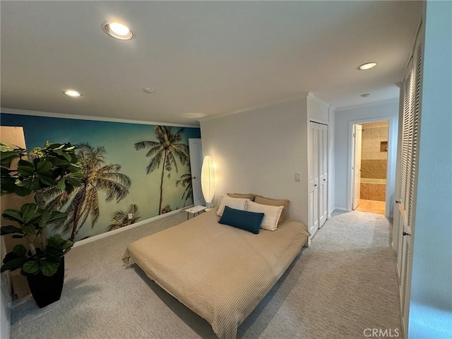 1007 S Catalina Ave Unit 212, Redondo Beach, CA 90277 - bedroom with light colored carpet, recessed lighting, ornamental molding, baseboards, and ensuite bathroom