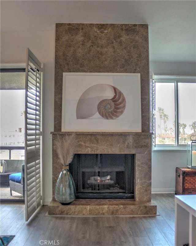 1007 S Catalina Ave Unit 212, Redondo Beach, CA 90277 - detailed view of wood finished floors, baseboards, and a fireplace with raised hearth