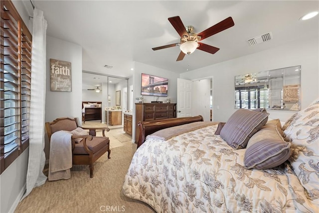 bedroom featuring connected bathroom, ceiling fan, light carpet, recessed lighting, and visible vents