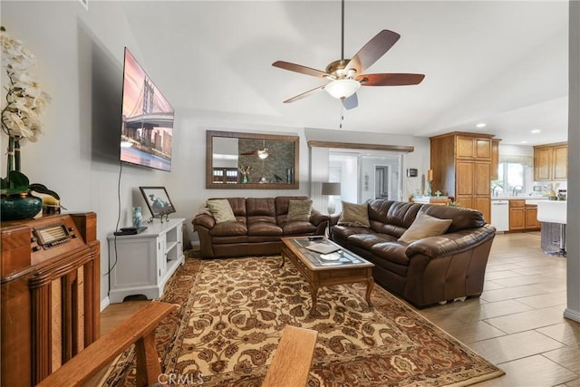 living room with recessed lighting, a ceiling fan, light tile patterned floors, and lofted ceiling