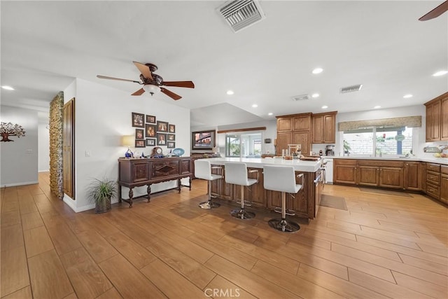 kitchen with ceiling fan, visible vents, and plenty of natural light