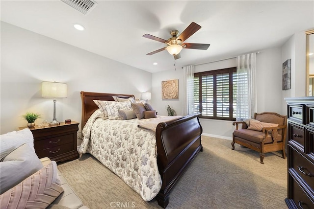 bedroom with visible vents, light carpet, baseboards, ceiling fan, and recessed lighting