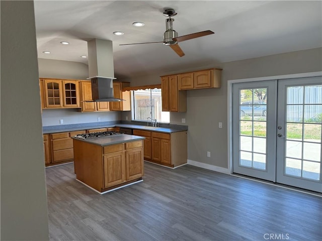 kitchen with ceiling fan, a sink, baseboards, wood finished floors, and glass insert cabinets