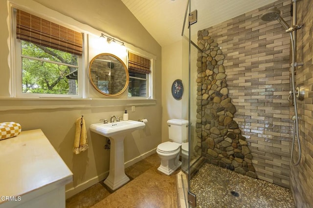 bathroom featuring lofted ceiling, toilet, a sink, baseboards, and a stall shower