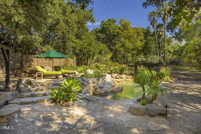 view of yard featuring a small pond, fence, and a patio area